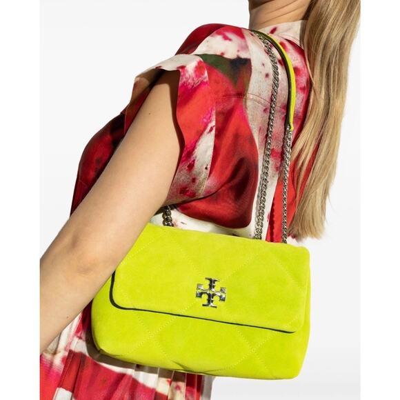 Tory Burch Mini Kira Bag Yellow Green Suede Crossbody Silver Chain - Picture 1 of 13